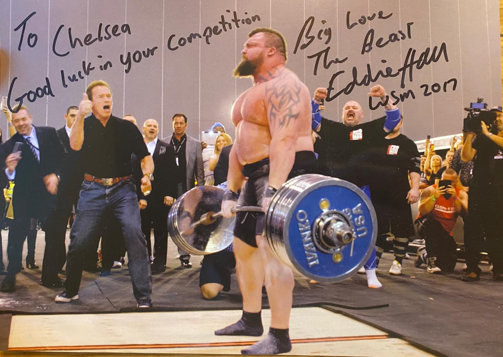 Eddie Hall World Record Deadlift – Eddie Hall & Arnold Schwarzenegger (Signed A4 Picture)